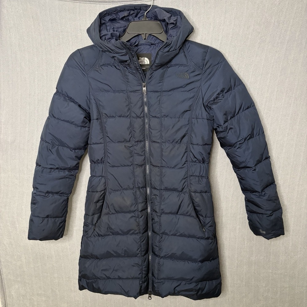The North Face down 550 quilted parka jacket winter coat in navy blue size M
